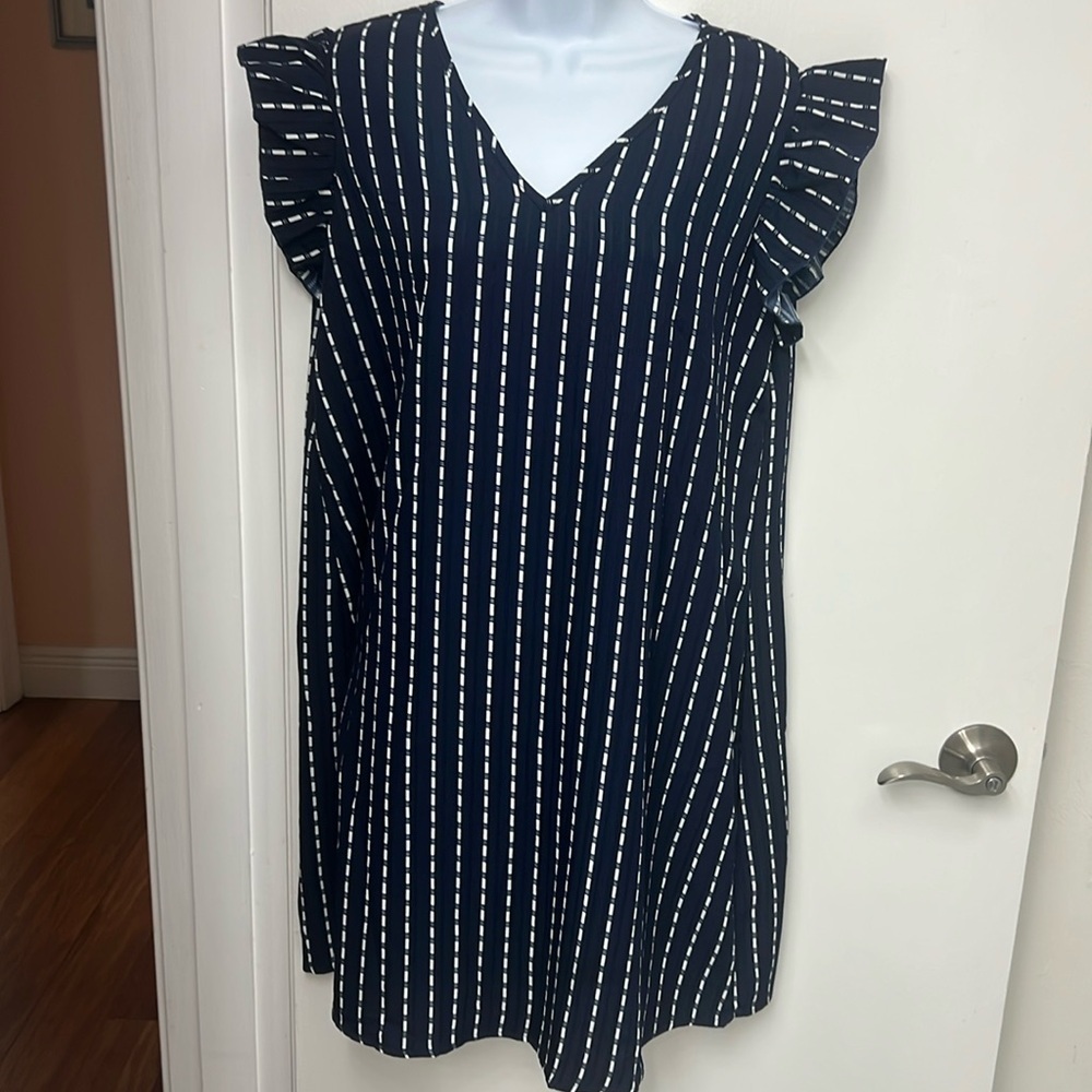 V-neck Sundress Navy Blue w/ White vertical lines Ruffled Cap sleeves